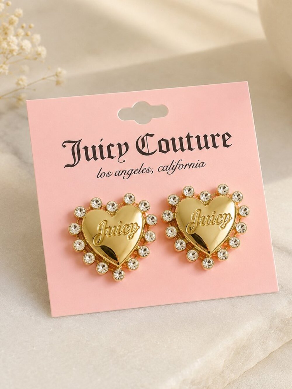 Juicy Couture Gold Heart Crystal Halo Stud Earrings Logo NWT
